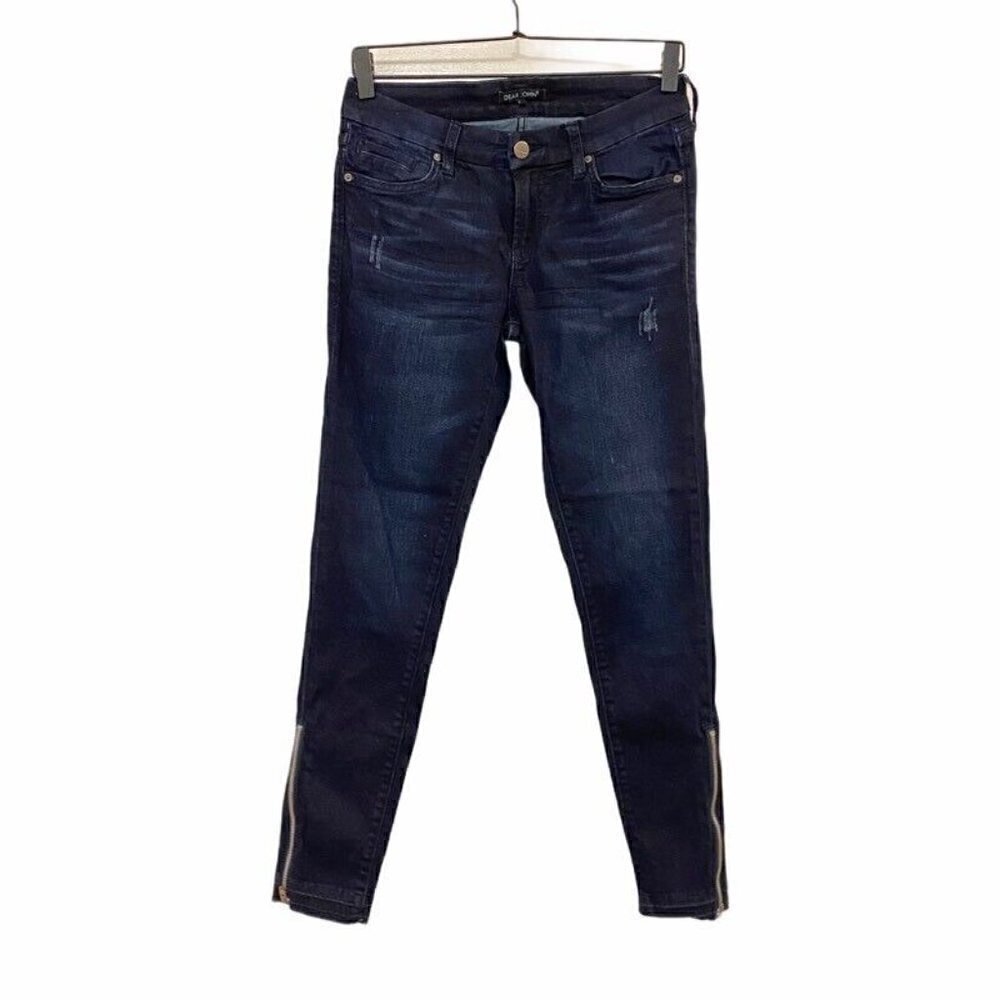 Dear John Women's Blue Castle Slim Skinny Jeans Dark Wash Distressed Zip Legs 26